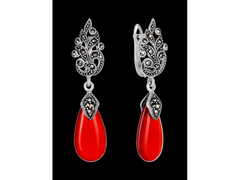 Серебряное Серьги арт. HE957 Марказит Swarovski, Сердолик