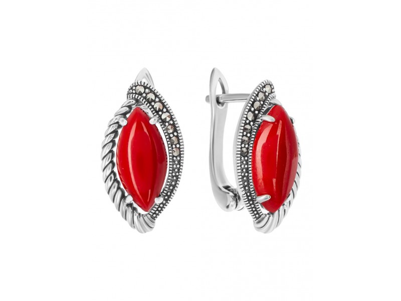Серебряное Серьги арт. HE1268 Марказит Swarovski, Коралл синт.