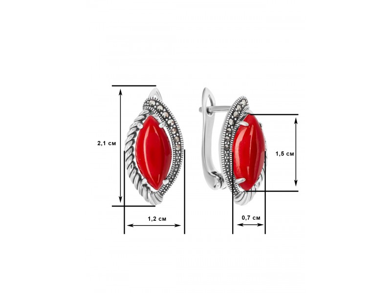 Серебряное Серьги арт. HE1268 Марказит Swarovski, Коралл синт.