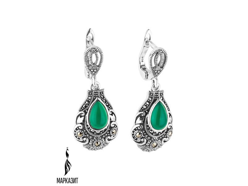 Серебряные Серьги арт. HE1014 Марказит Swarovski, Хризопраз