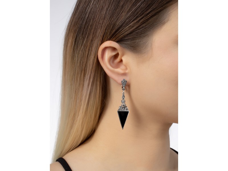 Серебряные Серьги арт. HE046 Марказит Swarovski, Оникс