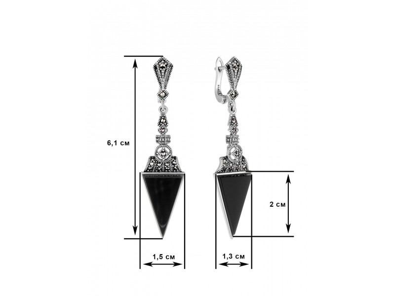Серебряные Серьги арт. HE046 Марказит Swarovski, Оникс