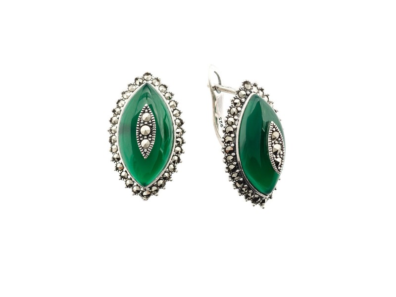 Серебряные Серьги арт. HE939 Марказит Swarovski, Хризопраз
