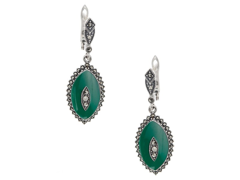 Серебряные Серьги арт. HE939FW Марказит Swarovski, Хризопраз